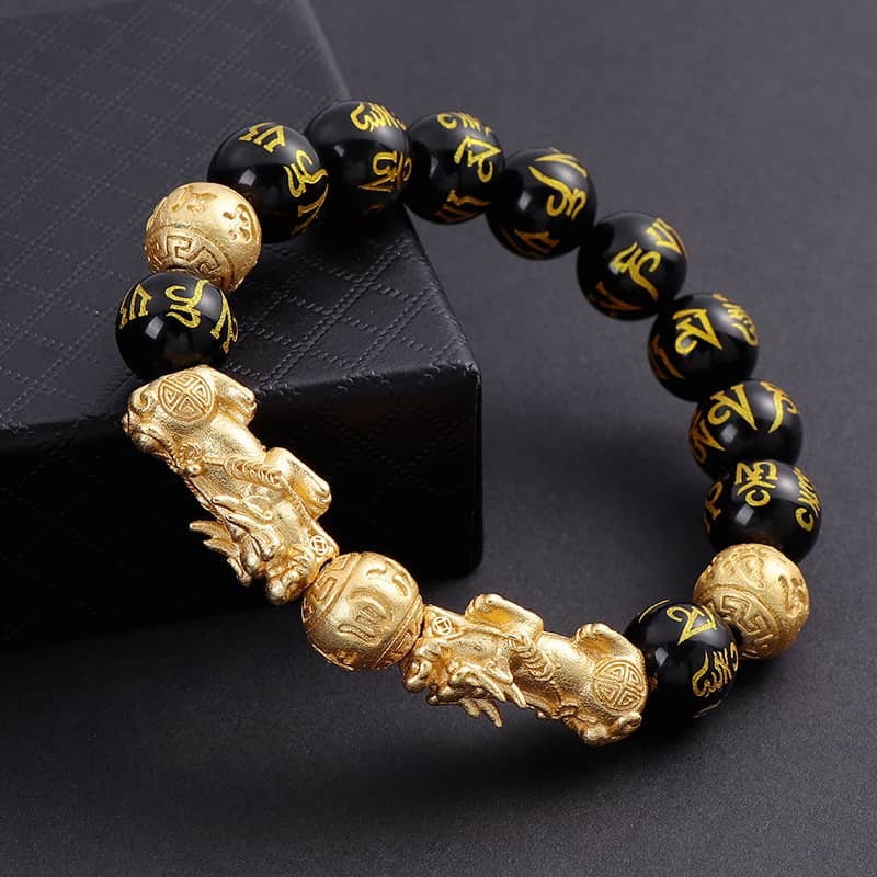 SSFH Royal Abundance – Double Gold Pi Xiu Bracelet | 10mm Black Obsidian Wealth Jewelry for Women