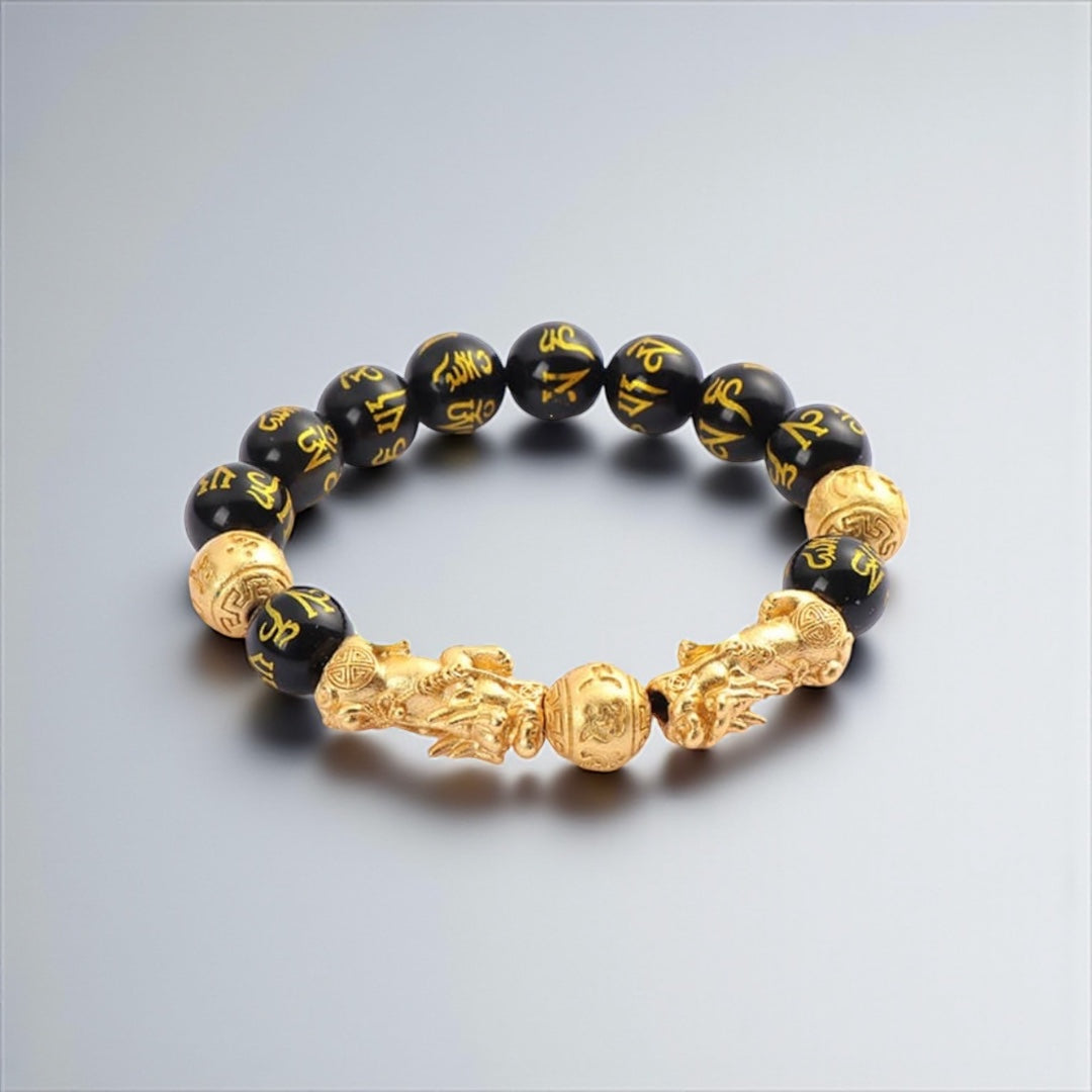 SSFH Royal Abundance – Double Gold Pi Xiu Bracelet | 10mm Black Obsidian Wealth Jewelry for Women
