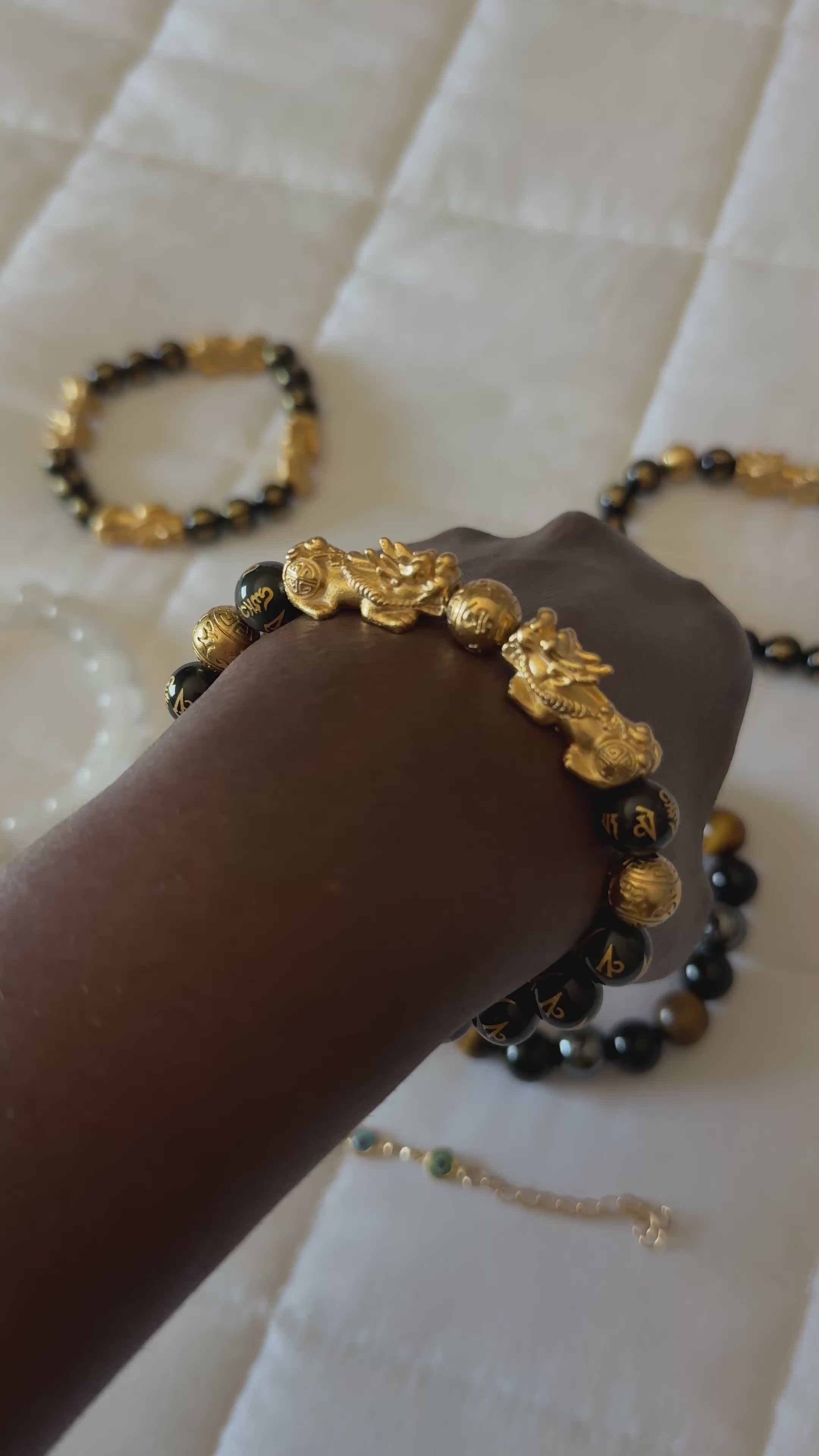 SSFH Royal Abundance – Double Gold Pi Xiu Bracelet | 10mm Black Obsidian Wealth Jewelry for Women