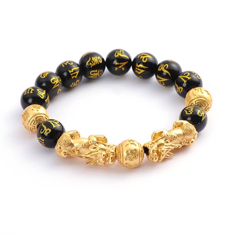 SSFH Royal Abundance – Double Gold Pi Xiu Bracelet | 10mm Black Obsidian Wealth Jewelry for Women