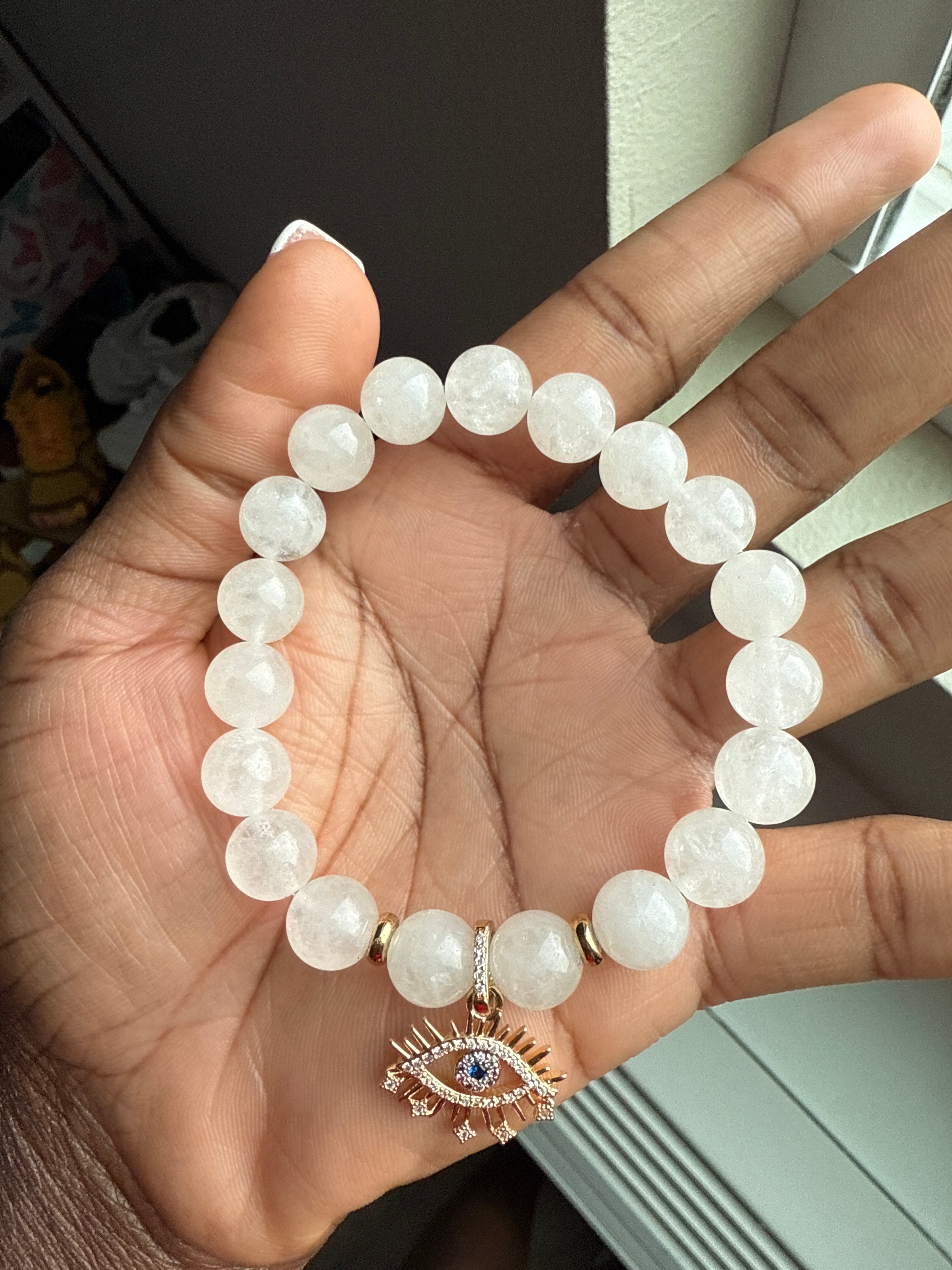 SSFH White Jade Chalcedony Bracelet with 18k Gold and Sapphire Evil Eye